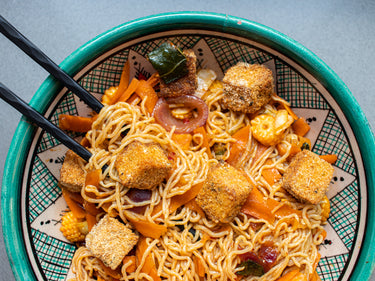 High protein vegetarian breaded tofu noodles 
